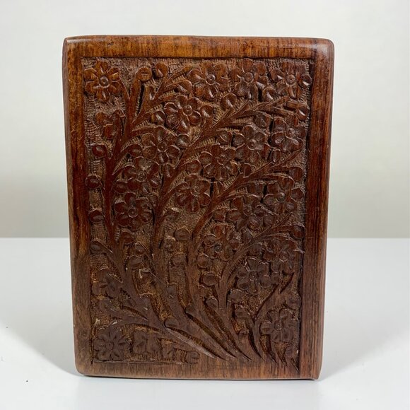 Intricate Floral Cherry Blossom Hand Carved Wooden Keepsake Storage Box Urn VTG - Picture 10 of 11